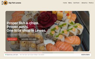 The Big Fish Lewes homepage: a photograph of sushi and a fish and chip menu, with a live opening-hours bar
