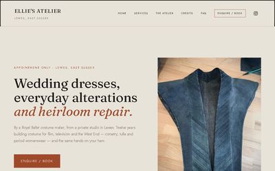 The Ellie's Atelier homepage: an editorial layout headed &ldquo;Wedding dresses, everyday alterations and heirloom repair&rdquo;